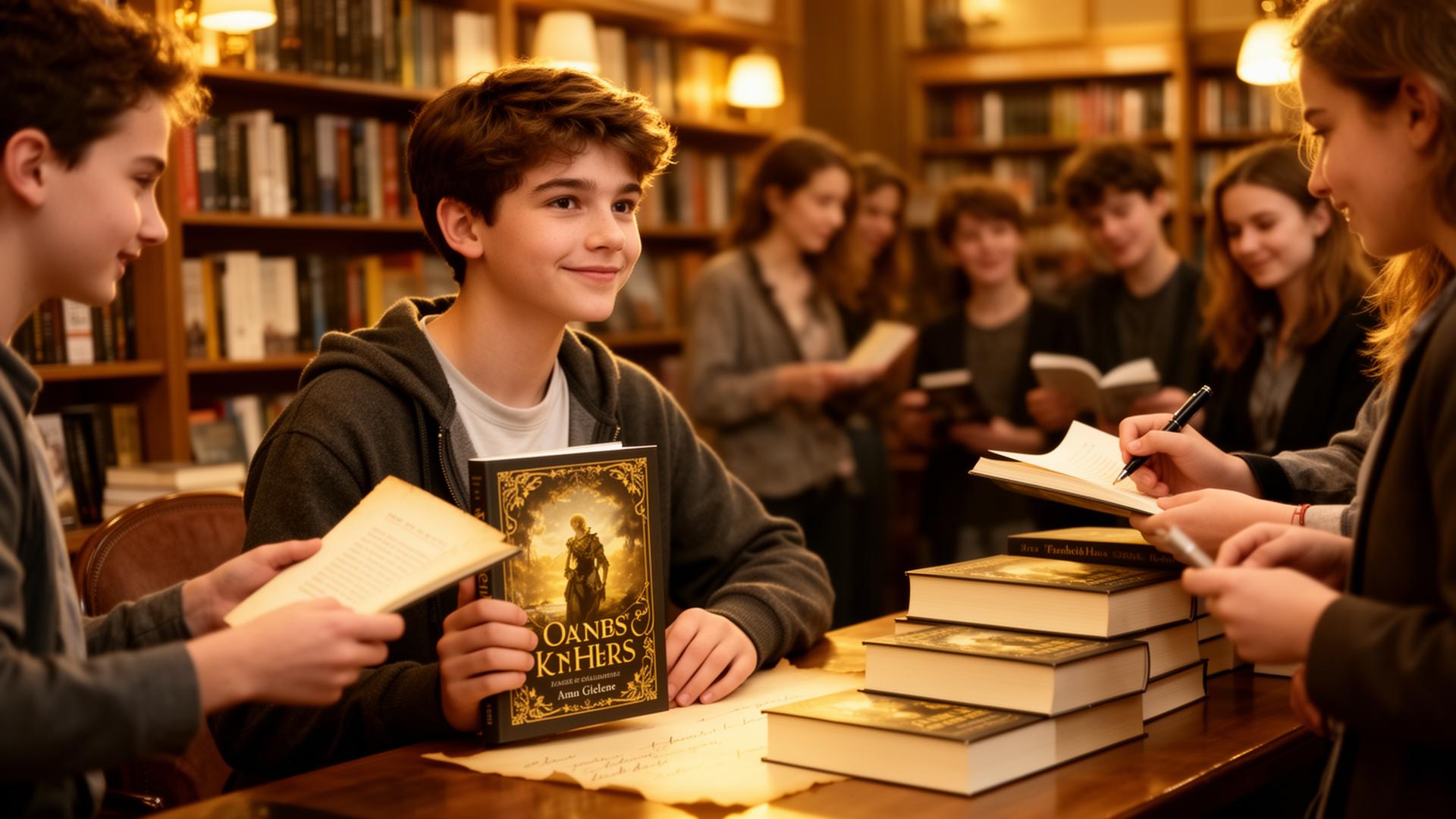 A young author holding a book at a bookshop signing